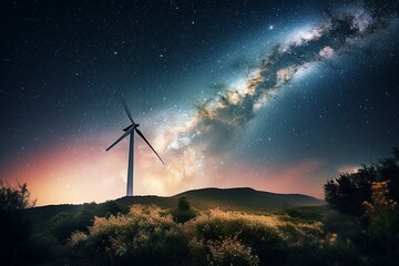 Starry sky, milky way and wind turbine: this night landscape illustrates the protection of our planet by renewable energies. A poetic universal image. Generative AI - obrazy, fototapety, plakaty