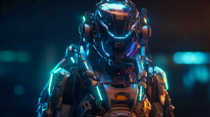 A robotic exoskeleton armor with human operator with neon glow - obrazy, fototapety, plakaty