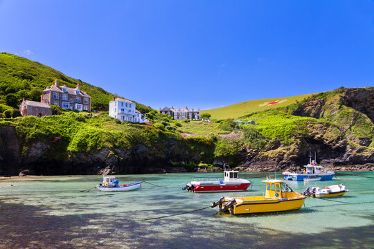 Colorful fishing boats at Harbour of Port Isaac, Cornwall, England