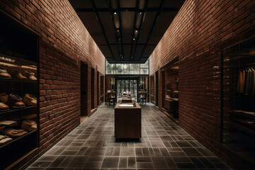 Minimalist fancy clothing shopAll brick material palette. Centered perspective. Interior Design