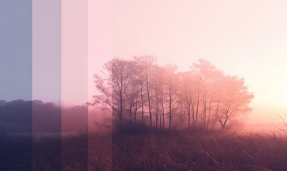  a field with tall grass and trees in the background and a pink and blue sky in the foreground with the sun shining through the trees.  generative ai