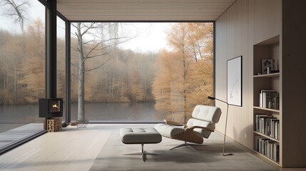 Scenic Fall lake background Online webinar teams meeting interior home office study and bookshelf virtual room window view backdrop. 