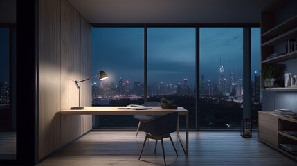 Fototapeta premium Scenic Online webinar virtual city night meeting interior home office background for teams video call backdrop. Created using Generative AI.
