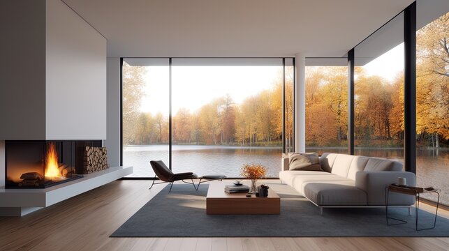 Scenic Fall lake fireplace virtual background Online webinar virtual meeting interior retirement home office room with expansive water and trees window view for teams video calls backdrop.