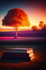a tree of books, wide land, glow, 4k, HDR, cinematic