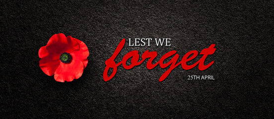 Fototapeta na wymiar The remembrance poppy - poppy appeal. Poppy flower on black textured background with text. Banner. Decorative flower for Anzac Day in New Zealand, Australia, Canada and Great Britain.