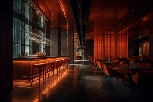 Minimalist fancy restaurant and bar. Dark orange color palette. Centered perspective. Interior Design