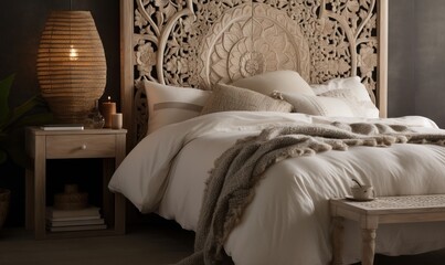  a bed with a white comforter and a wooden headboard with a carved design on the headboard and foot board and pillows on the bed.  generative ai