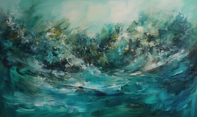  a painting of a wave crashing over the ocean with green and blue colors on the bottom of the painting and bottom of the painting is blue and white.  generative ai