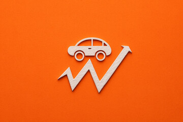Concept of rising car prices - White car with upward arrow on orange background