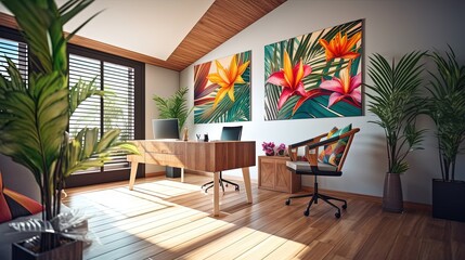 Tropical Online webinar Zoom meeting home office room background. Created using Generative AI.