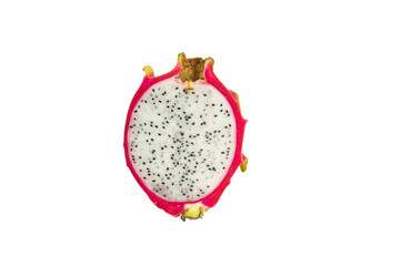 An isolated red dragon fruit or pitaya lying on a white background