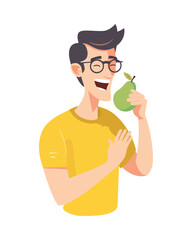 Smiling cartoon characters holding healthy lunch food