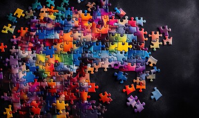  a large group of multicolored puzzles on a black surface with one missing the missing piece of the puzzle and the other missing one missing.  generative ai