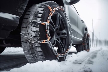 Snow chains on tire at winter road. Generative AI
