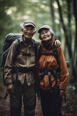Fototapeta na wymiar Natureza, caminhadas e retrato do velho casal de mãos dadas na aventura na floresta, floresta e montanha para o exercício. Fitness, aposentadoria e idosos felizes e idosos sorriem caminhando para o be