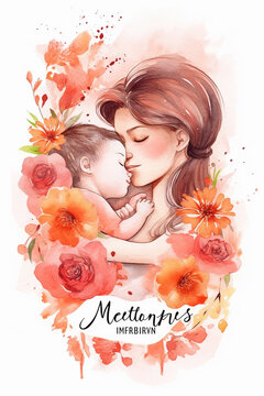Cartão do Dia das Mães com uma linda ilustração em aquarela da moda de mãe e filha, buquê de flores da primavera