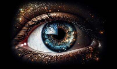  a close up of a blue eye with stars in the sky in the iris of the iris of the eye, with a black background of gold and blue.  generative ai