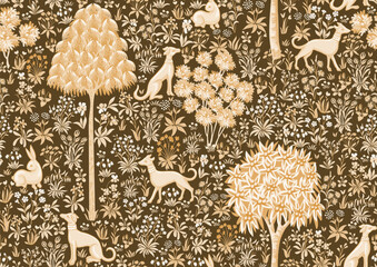 Traditional renaissance tapestry pattern with flowers, trees and animals. Millefleurs trendy floral design. Seamless pattern, background. Vector illustration. © Elen  Lane
