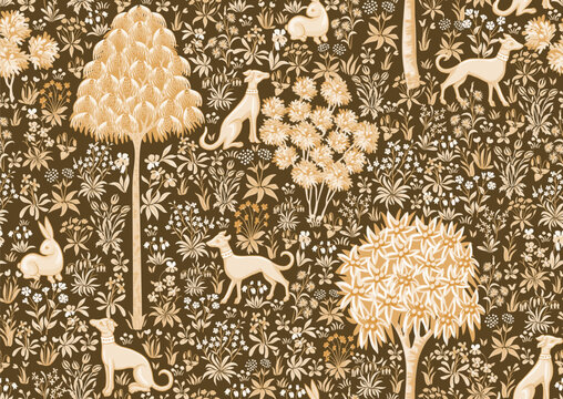 Traditional renaissance tapestry pattern with flowers, trees and animals. Millefleurs trendy floral design. Seamless pattern, background. Vector illustration.