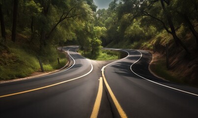 Obraz premium a curved road in the middle of a forest with trees on both sides of it and a curve in the road on the other side. generative ai