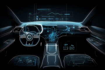 Obraz na płótnie Canvas Composition of car interface over digital car on black background. Generative AI