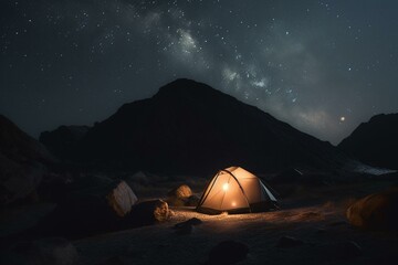 Fototapeta na wymiar Camping tent at night in a remote place, Generative AI