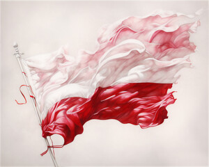 The Polish flag of red and white fluttering in the wind. Poland Independence Day 11th of November.