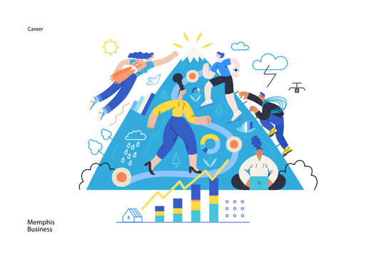Memphis business illustration. Career-modern flat vector concept illustration of people climbing the mountain. Climbing up the career ladder process metaphor. Corporate business metaphor