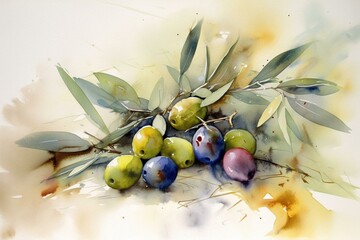 Olives, watercolor. Generative AI