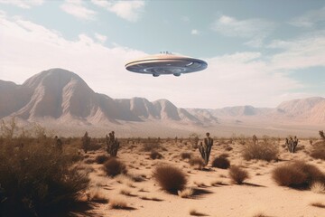 Fototapeta na wymiar UFO Hovers Over Desert Landscape - Generative Ai