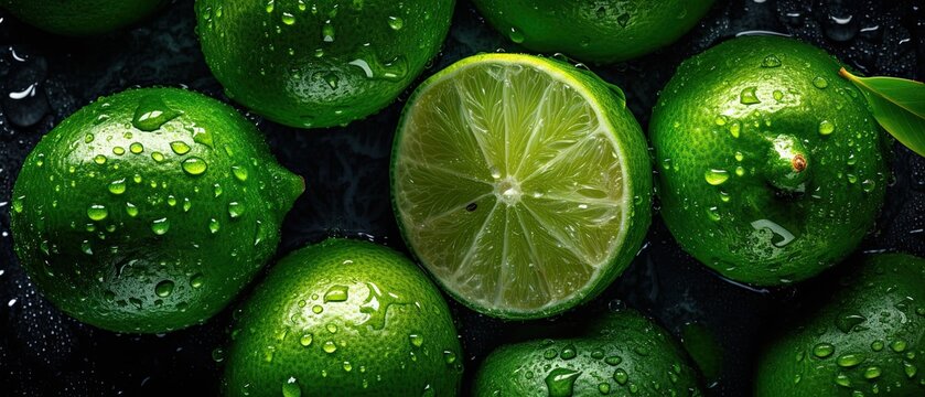  Full frame Overhead shot of green limes on wooden background. Generative AI
