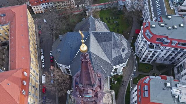 Drone shot of Parochialkirche ( parochial church ) in the Klosterviertel neighbourhood of the Mitte borough in Berlin , Germany