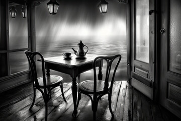 table and two chairs , water, sea, ocean outside the room. Generative AI image.