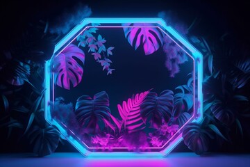 Blue and Pink Neon Light with Tropical Plants. Hexagon shaped Fluorescent Frame in Jungle Environment. Generative AI