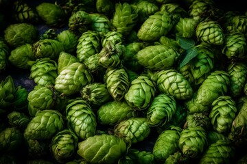 Fototapeta na wymiar Green ripe hop cones for brewery and bakery background pattern. Generative AI