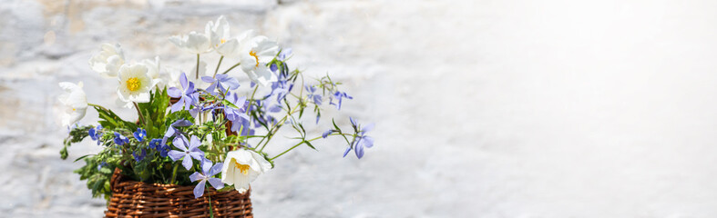 Naklejka na ściany i meble Flowers Bouquet Anemonoides nemorosa, Phlox divaricata, Whetzel weed in Wisker Basket