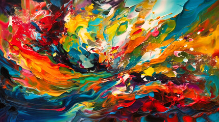 An abstract expressionist painting with bold, vibrant colors and sweeping brushstrokes
