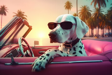 Dalmatian dog on a sunset background in pastel colors, summer photo of a dog in glasses driving on a background of palm trees. Generative AI.
