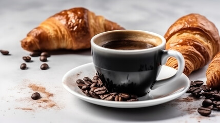 cup of coffee and croissant white background