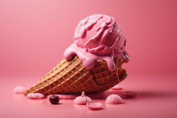 Ice cream cones on pink background with fruits, sweet and bright, summer food. generative ai