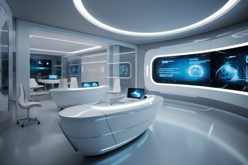futuristic office view with the latest telecommunications equipment and monitors.Generative AI