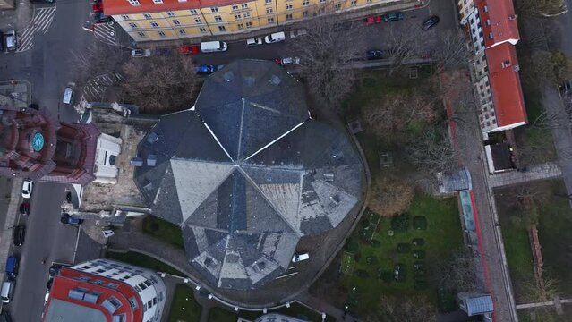 Drone shot of Parochialkirche ( parochial church ) in the Klosterviertel neighbourhood of the Mitte borough in Berlin , Germany