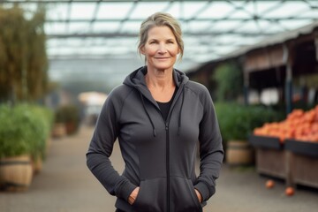 Medium shot portrait photography of a satisfied woman in her 50s wearing a comfortable tracksuit against a farm market or harvest background. Generative AI