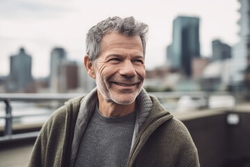 Portrait of handsome senior man with grey hair and beard in the city