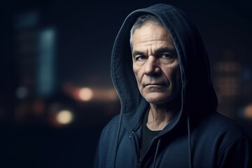 Studio portrait photography of a tender man in his 50s wearing a stylish hoodie against a futuristic city or skyline background. Generative AI