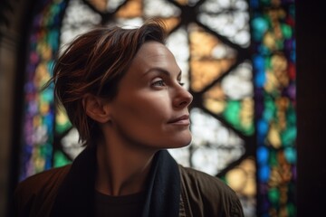 Portrait of a beautiful young woman in front of a stained glass window