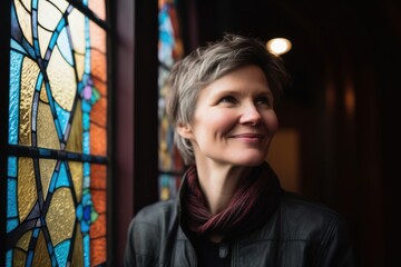Portrait of smiling mature woman standing in front of stained glass window
