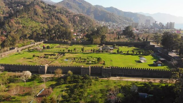 Aerial view historical site Gonio fortress - Roman fortification in Adjara, Georgia. Gonio-Apsaros Fortress