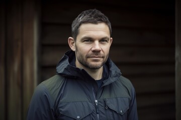 Obraz premium Portrait of a young man in a jacket on a background of wooden wall